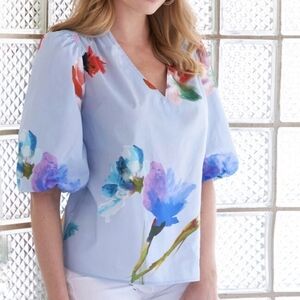 Finley New Tish Blue Sky Floral Cotton Relaxed Puff Sleeve Blouse Size Medium